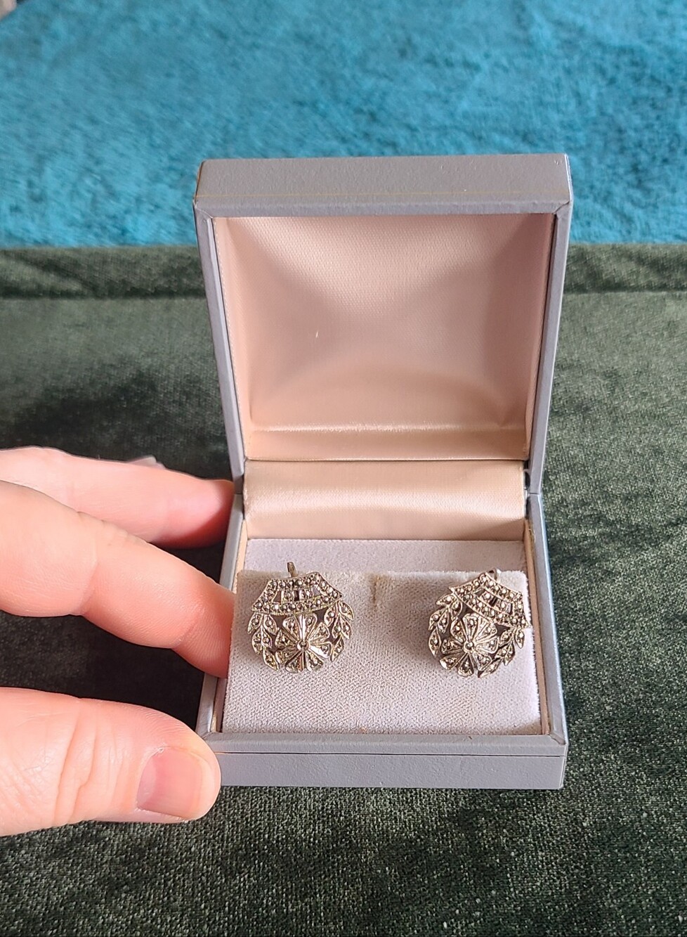 Vintage Sterling Silver And Marcasite Floral Filigree Screw Back Earrings